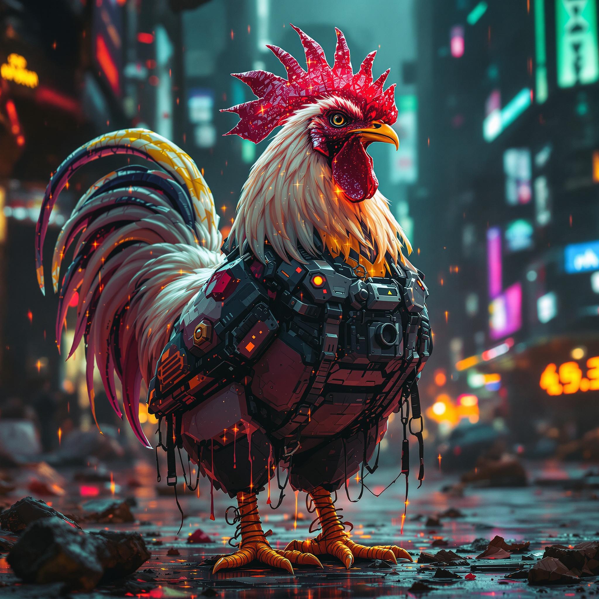Futuristic cyberpunk-styled chicken illustration