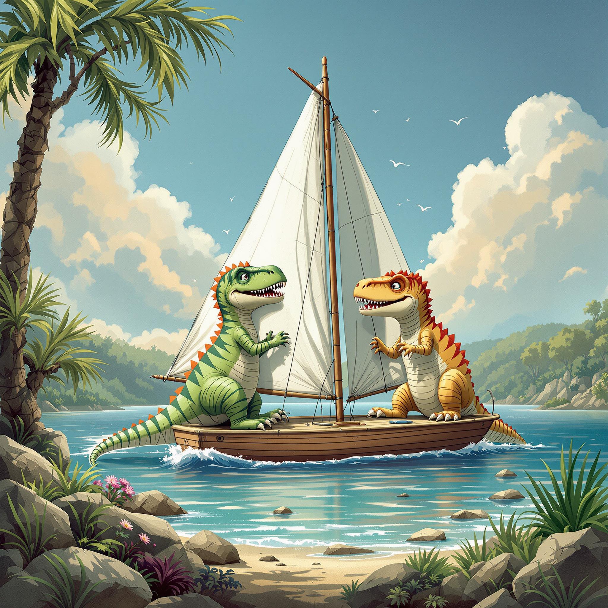 Whimsical scene of dinosaurs riding a boat
