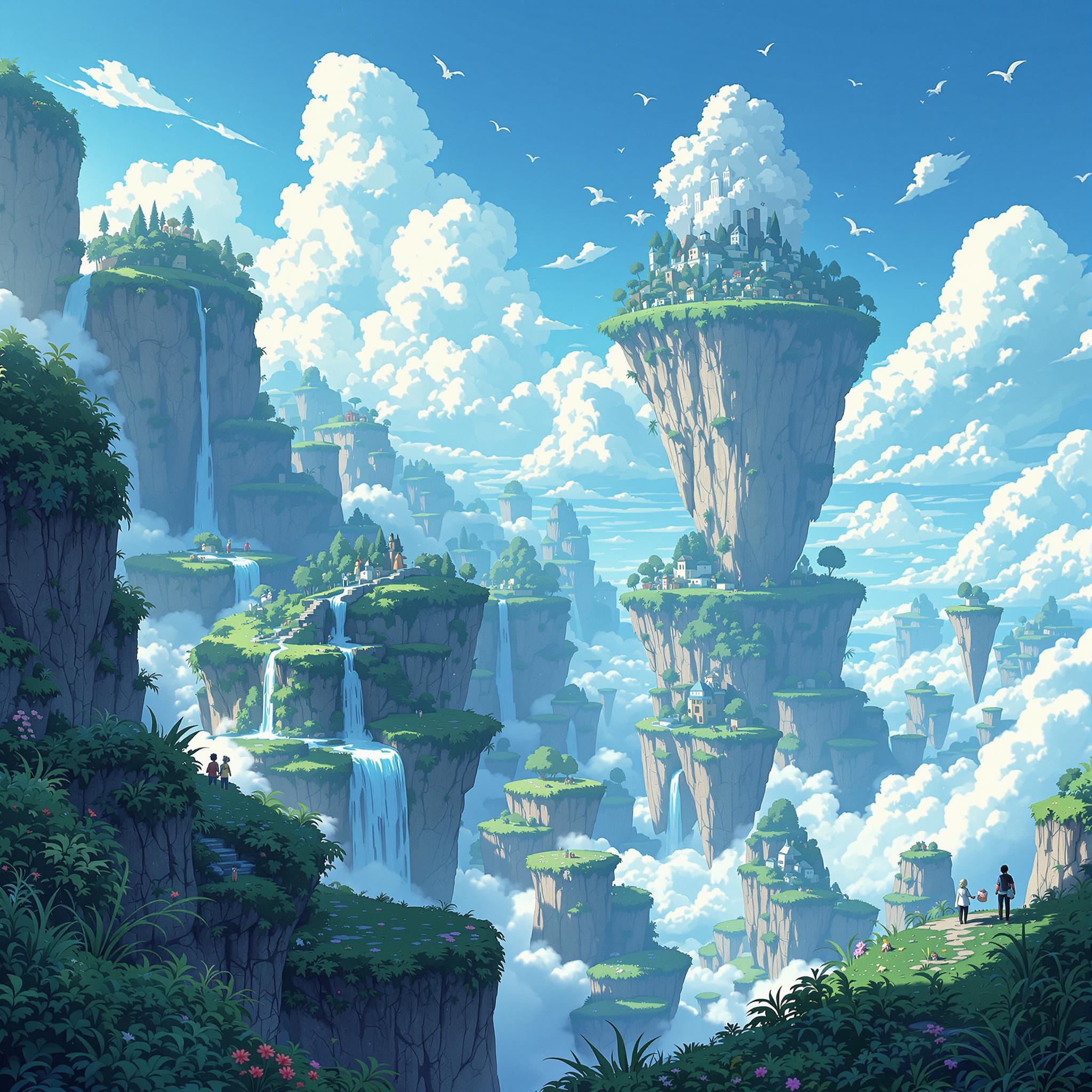 AI generated surreal landscape with floating islands and waterfalls in Studio Ghibli style